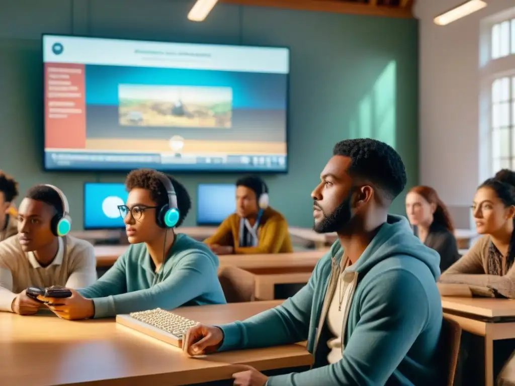 Estudiantes inmersos en pasatiempos históricos estrategias pedagógicas en aula moderna y acogedora