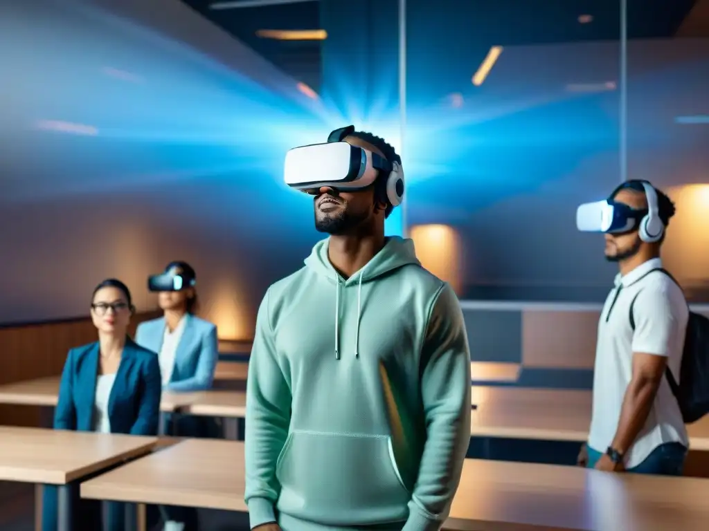 Estudiantes inmersos en realidad virtual en aula futurista, impacto realidad virtual educación