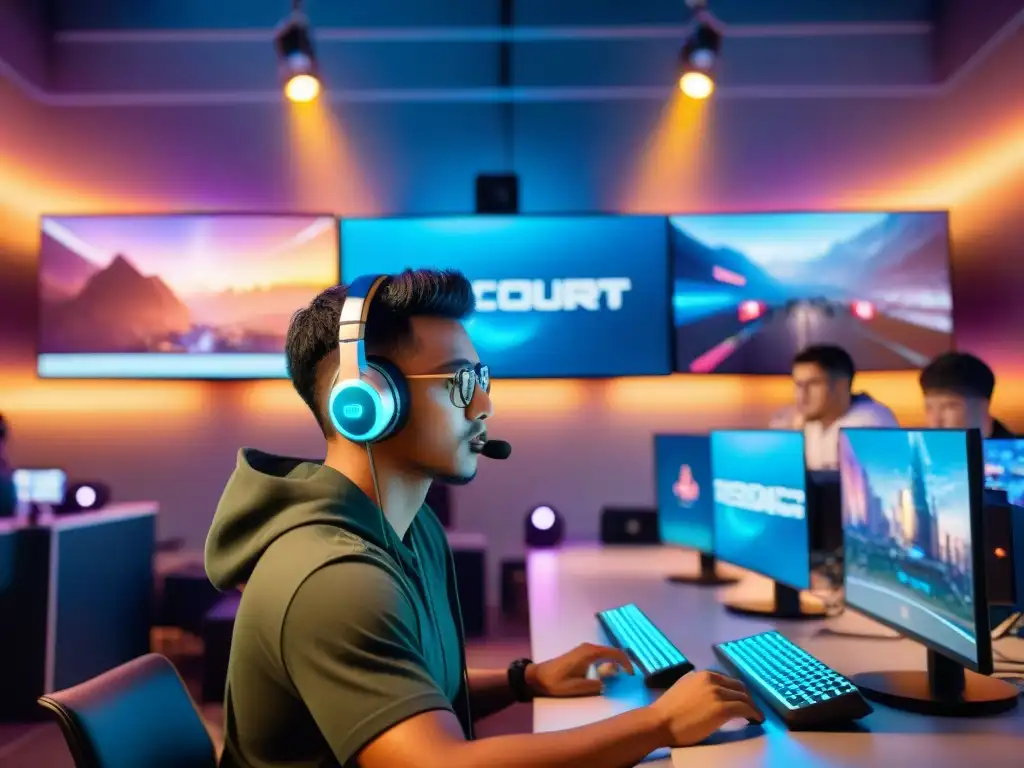 Estudiantes inmersos en torneo eSports en educación, fusionando tecnología y emoción en moderno salón educativo