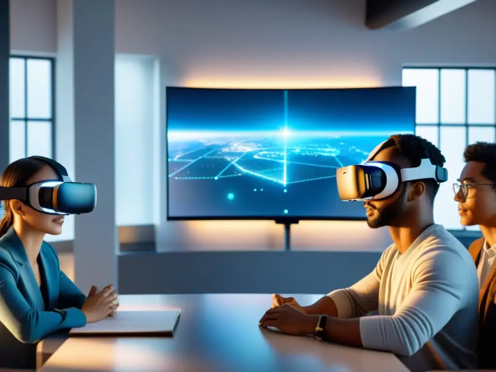 Estudiantes inmersos en juego educativo de realidad virtual Estudiantes inmersos en videojuegos educativos innovadores aprendizaje, resolviendo problemas en realidad virtual