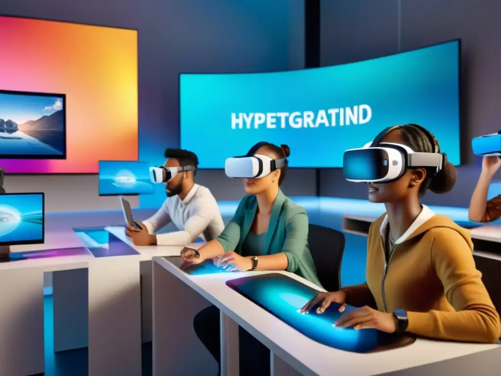 Estudiantes inmersos en juego educativo de realidad virtual Estudiantes inmersos en videojuegos educativos innovadores aprendizaje en aula futurista
