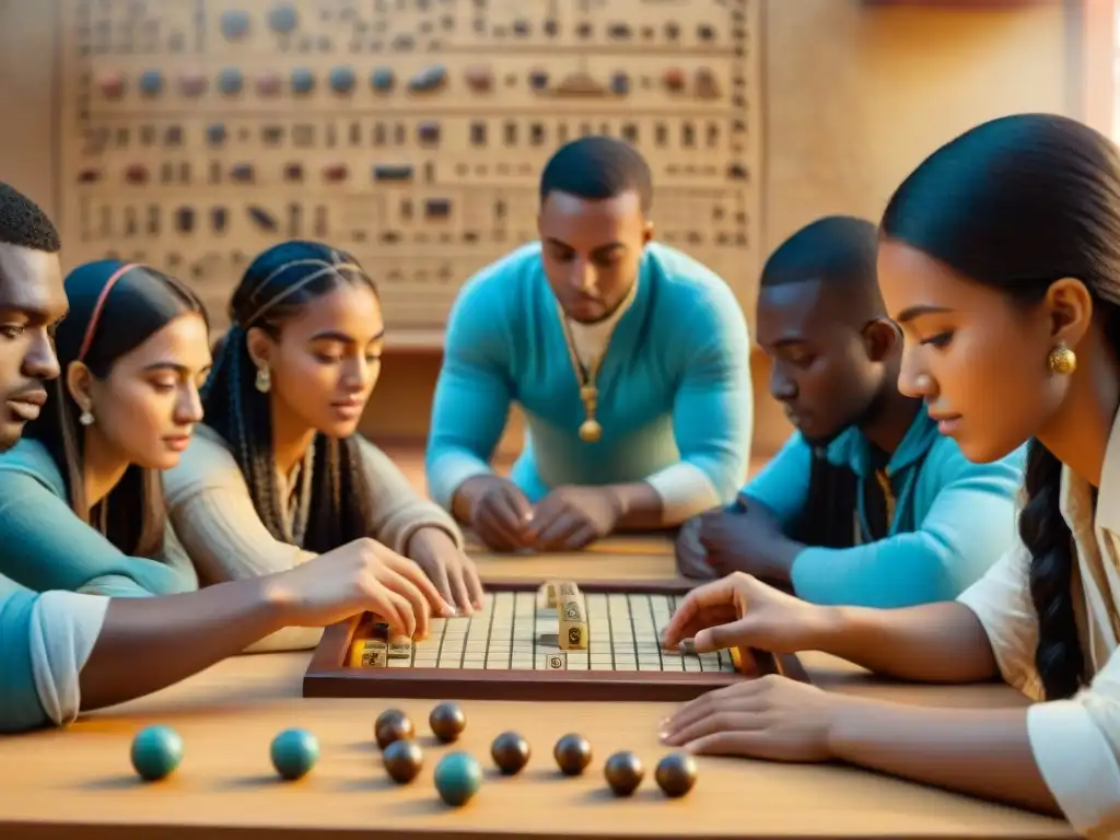 Estudiantes disfrutan juego ancestral en aula moderna Estudiantes disfrutan de juegos antiguos en la enseñanza en aula moderna con toques históricos