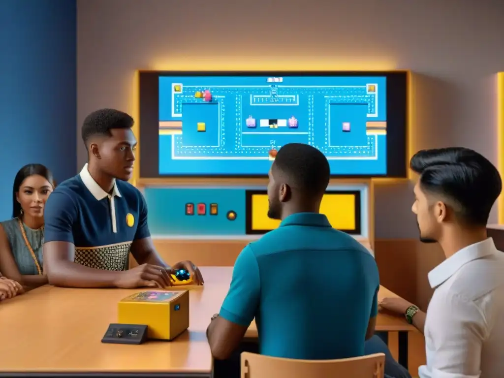 Estudiantes colaborando en juegos antiguos en plataformas educativas en aula futurista