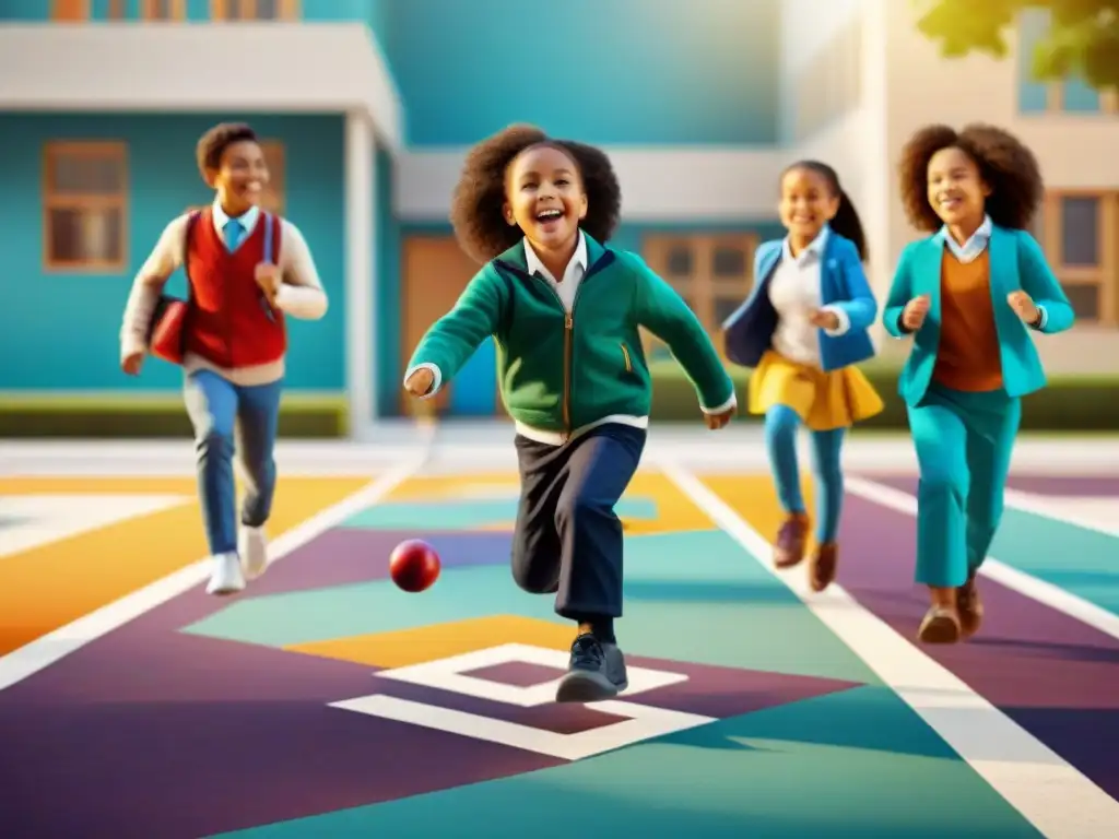 Diversos estudiantes disfrutan de juegos antiguos en plataformas educativas en patio escolar vibrante