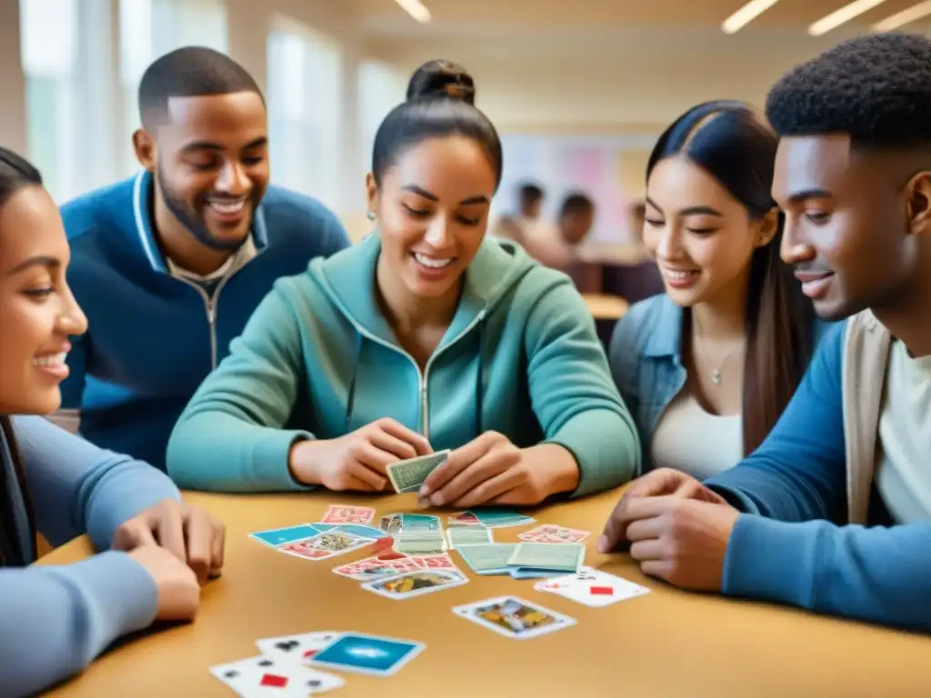 Estudiantes participan animadamente en juegos de cartas educativos, fomentando la cultura y el aprendizaje en un aula escolar