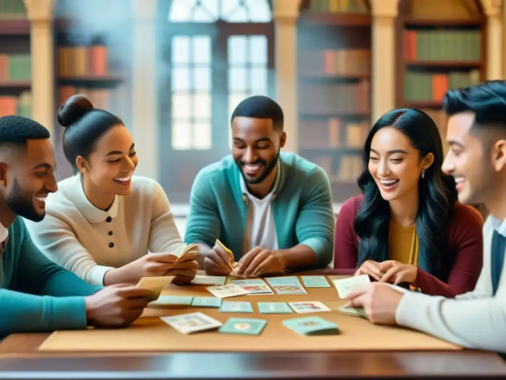 Estudiantes disfrutan de juegos de cartas educativos en sitio cultural con antigüedades y libros históricos