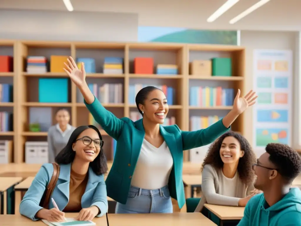 Estudiantes diversos participando en juegos educativos en un aula vibrante