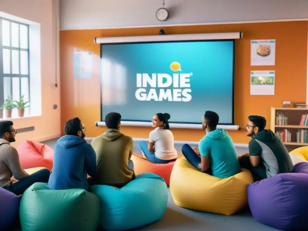 Estudiantes disfrutan juegos indie educativos en aula moderna vibrante