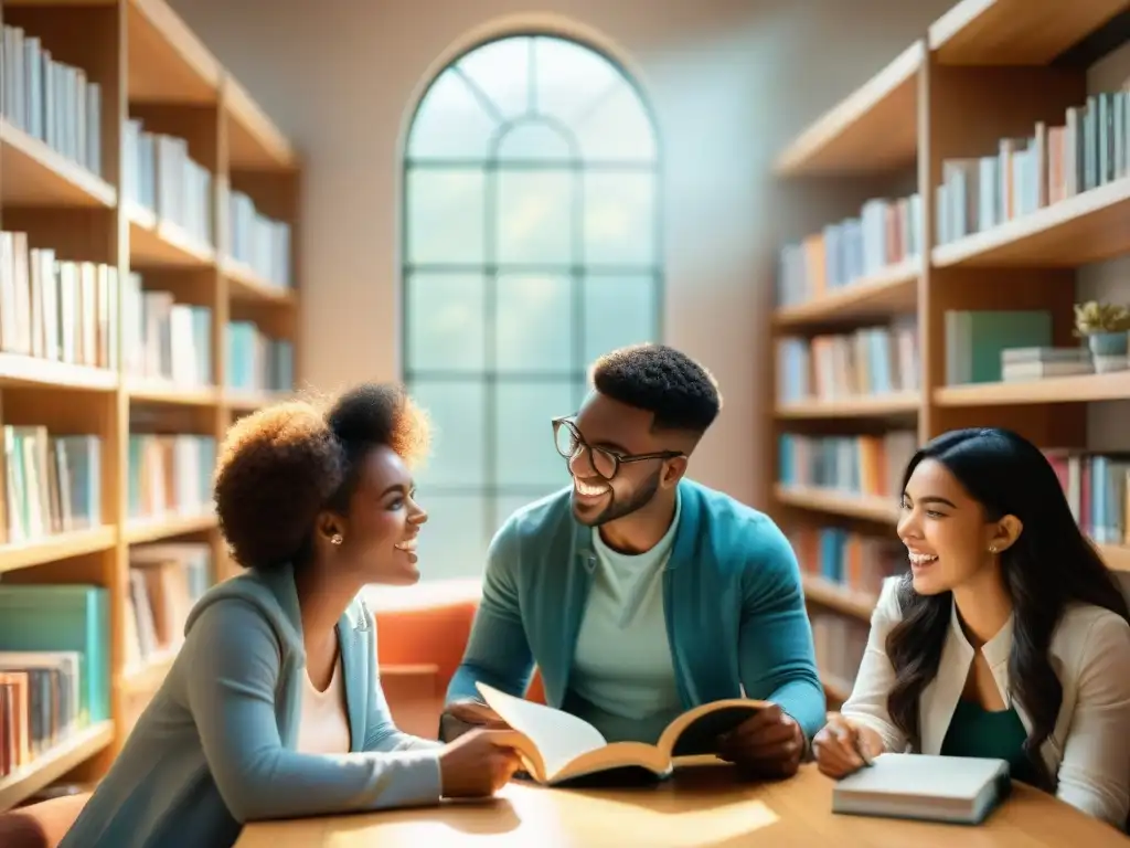 Estudiantes diversos disfrutan juegos de palabras literatura en aula acogedora con libros coloridos