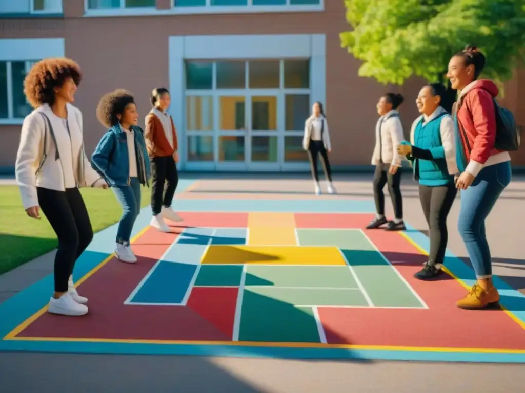 Estudiantes diversos disfrutan de juegos populares en comunidades escolares, jugando y riendo juntos en el patio soleado de la escuela