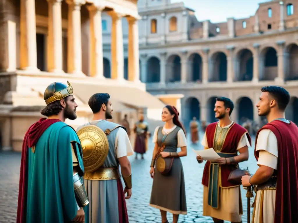 Estudiantes disfrutan de juegos de rol históricos empatía en mercado de la antigua Roma