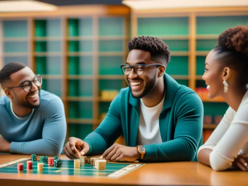 Estudiantes diversos disfrutan y aprenden juntos en animada partida de juegos de mesa