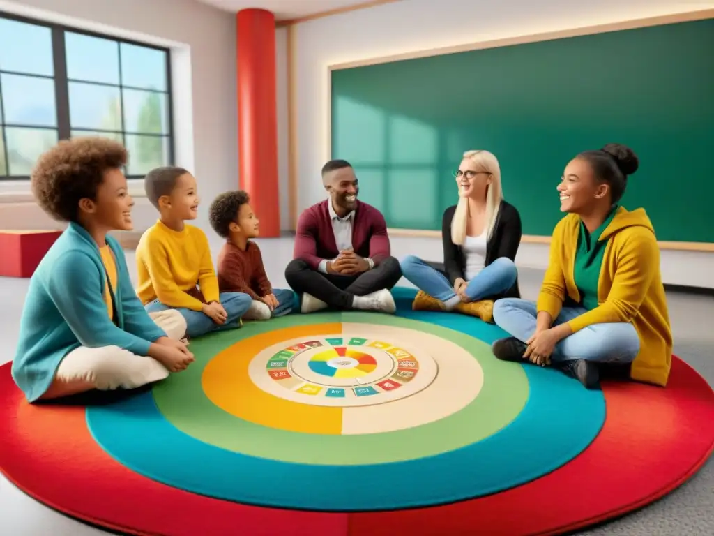 Estudiantes de primaria en círculo jugando un juego de resolución de conflictos en aula colorida