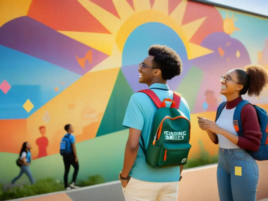 Estudiantes de secundaria disfrutan de la mediación escolar a través de juegos frente a un mural colorido