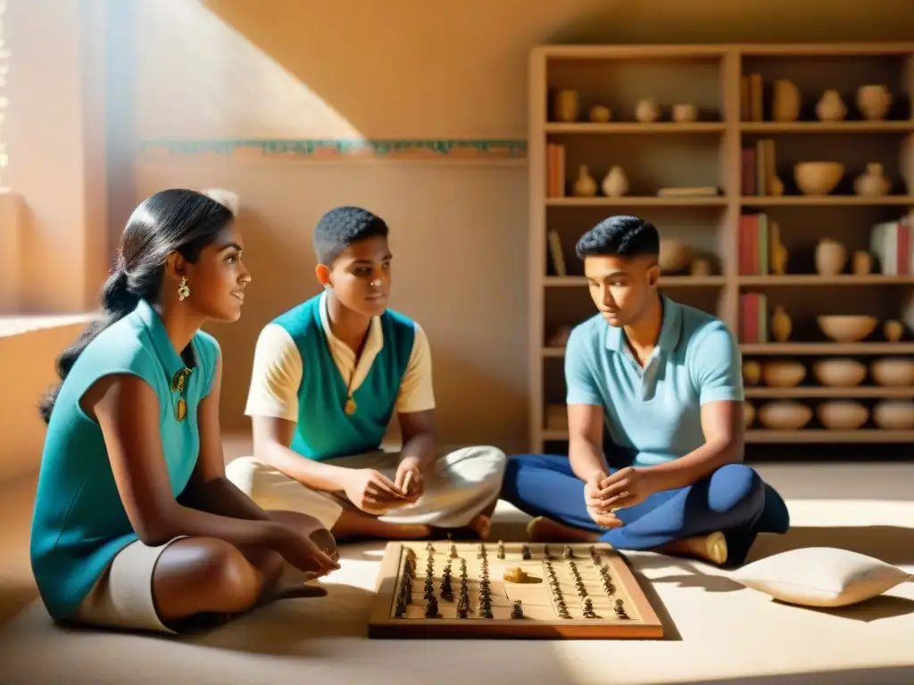 Estudiantes de secundaria diversos juegan el Juego Real de Ur en un aula soleada, resaltando la importancia de los juegos en la historia cultural