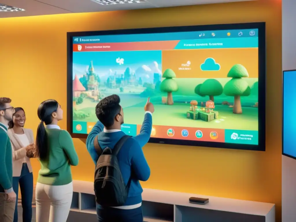 Estudiantes diversos disfrutan de un videojuego educativo interactivo en clase