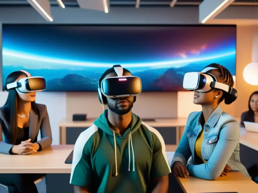 Estudiantes en juego educativo de realidad virtual en aula futurista Estudiantes diversos disfrutan de videojuegos educativos innovadores en aula futurista con tecnología avanzada