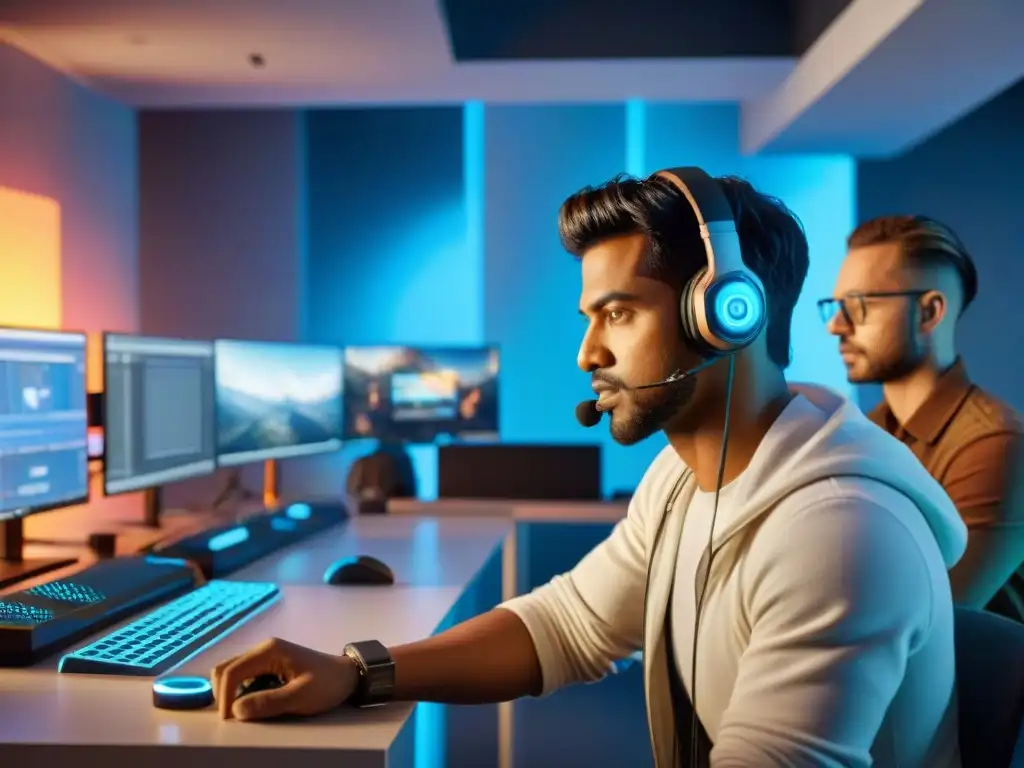 Un estudio de desarrollo de videojuegos bullicioso y diverso, donde artistas, programadores y diseñadores trabajan apasionadamente