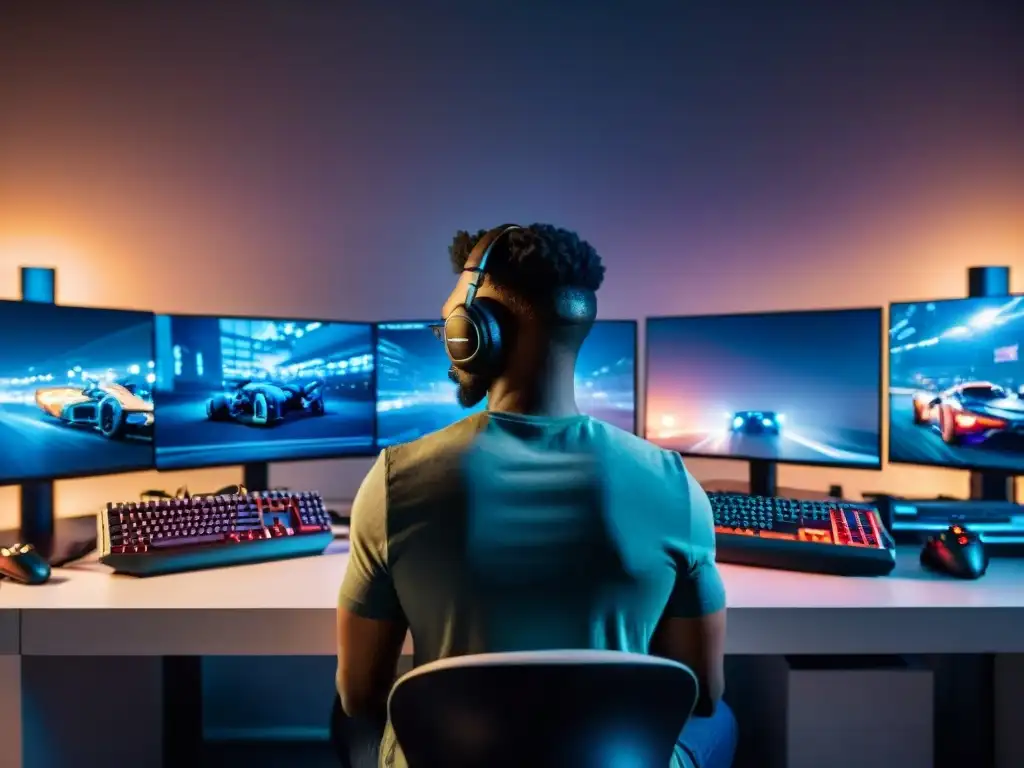 Un estudio futurista lleno de desarrolladores de videojuegos, rodeados de consolas y tecnología de vanguardia, creando el futuro de las consolas