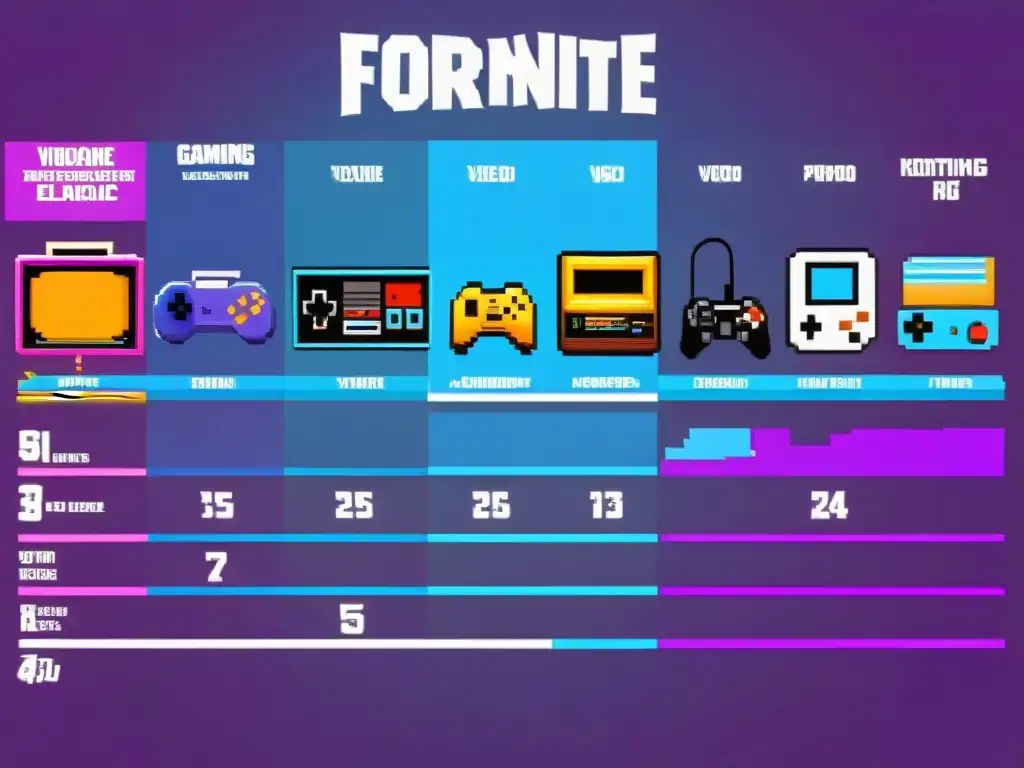 Evocadora línea temporal de la evolución de los videojuegos, desde Pong hasta Fortnite, destacando hitos de la cultura pop en videojuegos