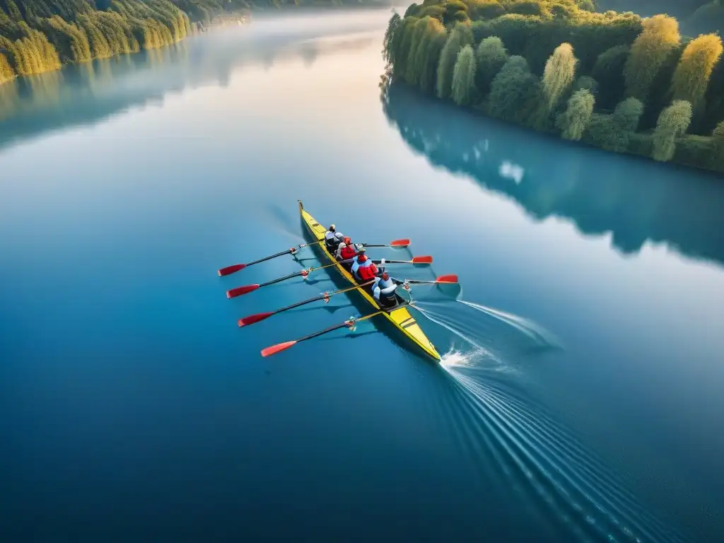 Evocadora vista aérea de remadores en un lago europeo, en perfecta sincronía, reflejando la evolución de competencias de remo en Europa