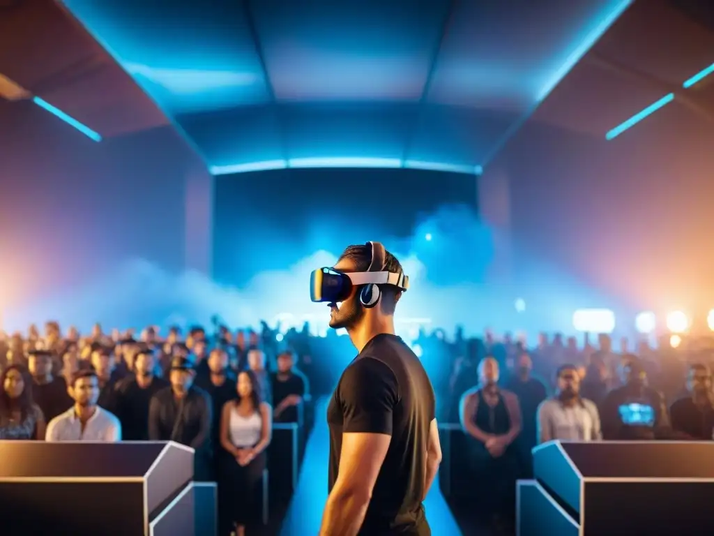 Experiencia inmersiva en conciertos virtuales: Audiencia diversa con auriculares VR en un mundo digital de luces neón y escenario futurista, interactuando con artistas virtuales