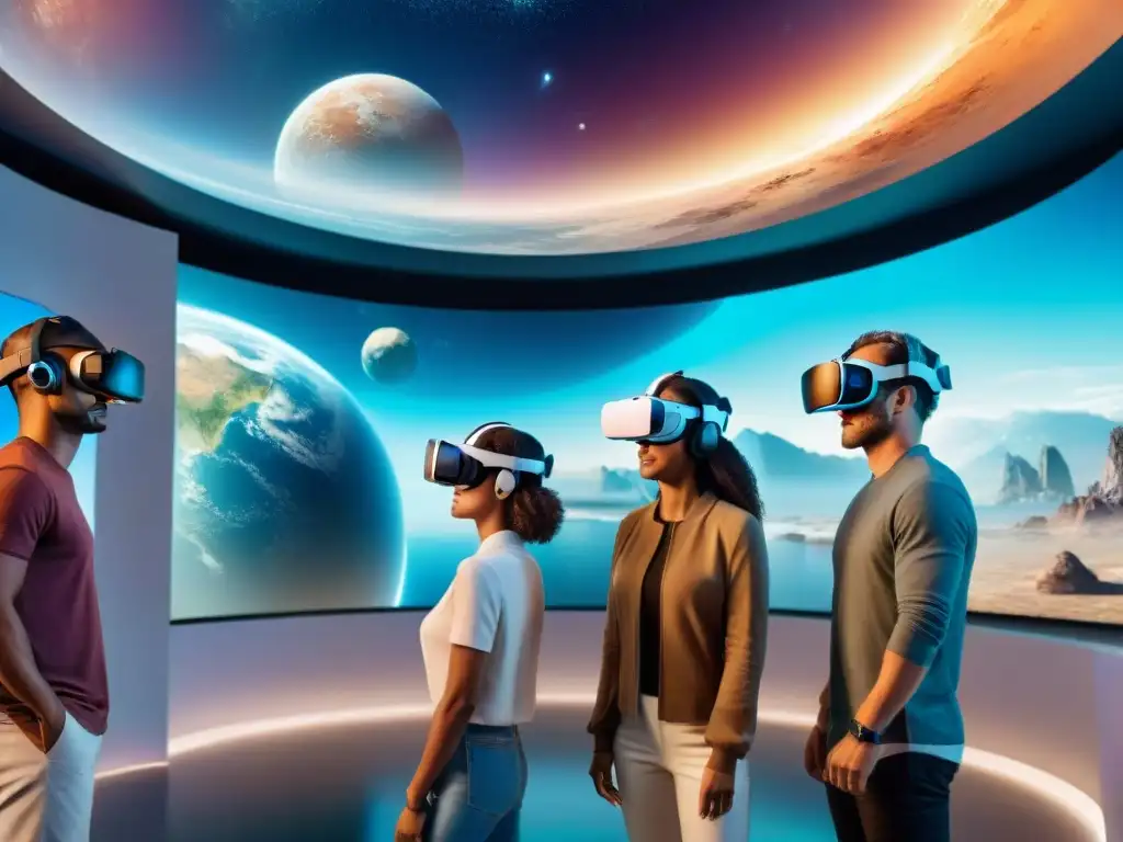 Una experiencia inmersiva de exploración espacial con realidad virtual, personas de diversas edades y etnias maravilladas por el universo digital