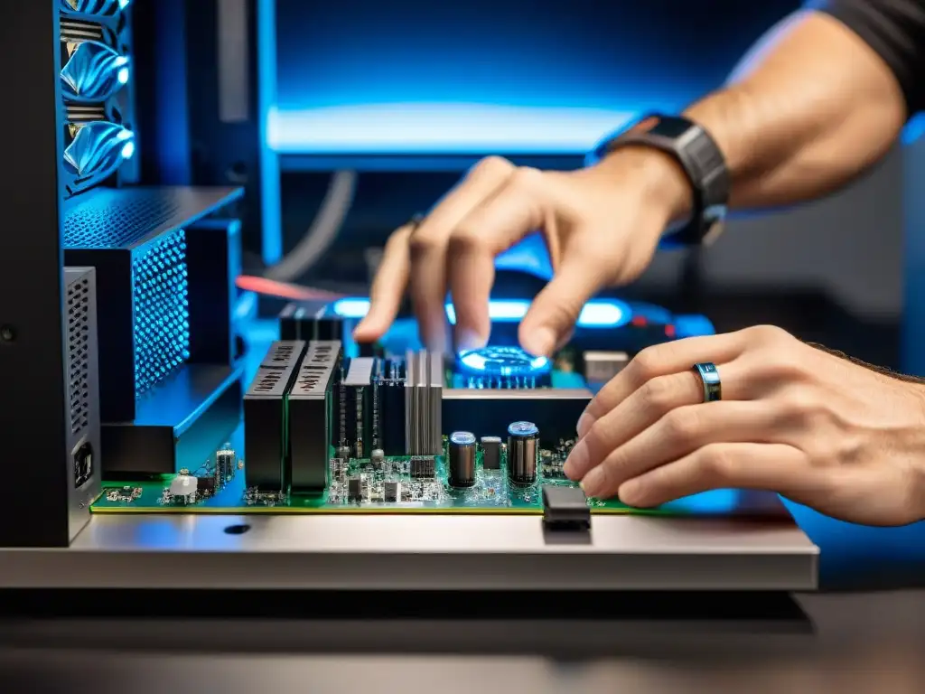 Experto ensambla paso a paso PC gaming de alta gama en banco de trabajo iluminado y ordenado