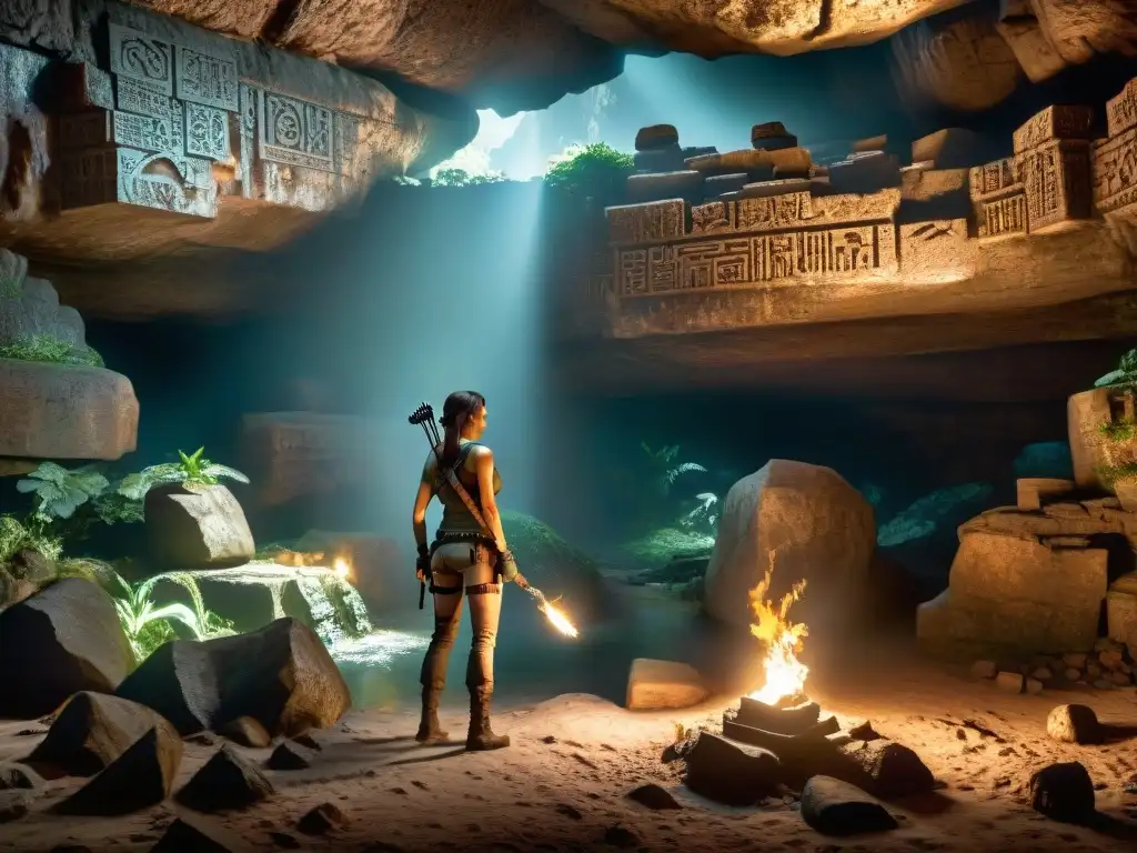 Exploración en cueva subterránea: Lara Croft iluminando artefactos antiguos