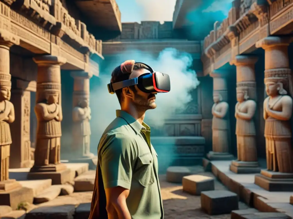 Exploración cultural en realidad virtual: un viaje a una antigua civilización llena de ruinas, esculturas detalladas y escenas de mercado bulliciosas