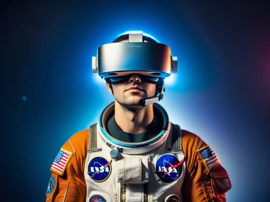 Exploración espacial con realidad virtual: Astronauta asombrado en simulación virtual del espacio