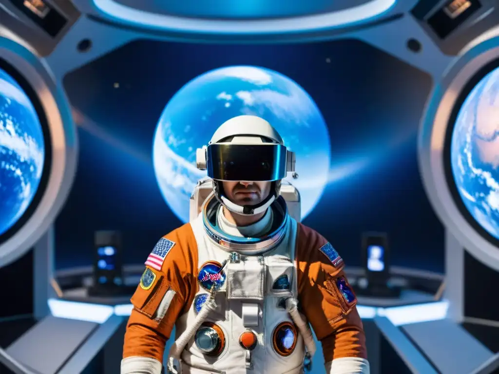 Exploración espacial con realidad virtual: Astronauta inmerso en simulación futurista de entrenamiento para misiones espaciales