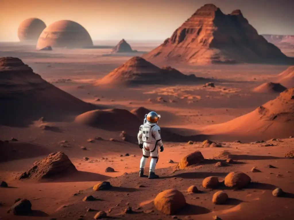 Astronautas explorando Marte: tecnología avanzada y paisajes marcianos Exploración futurista en Marte: astronautas descubriendo formaciones rocosas