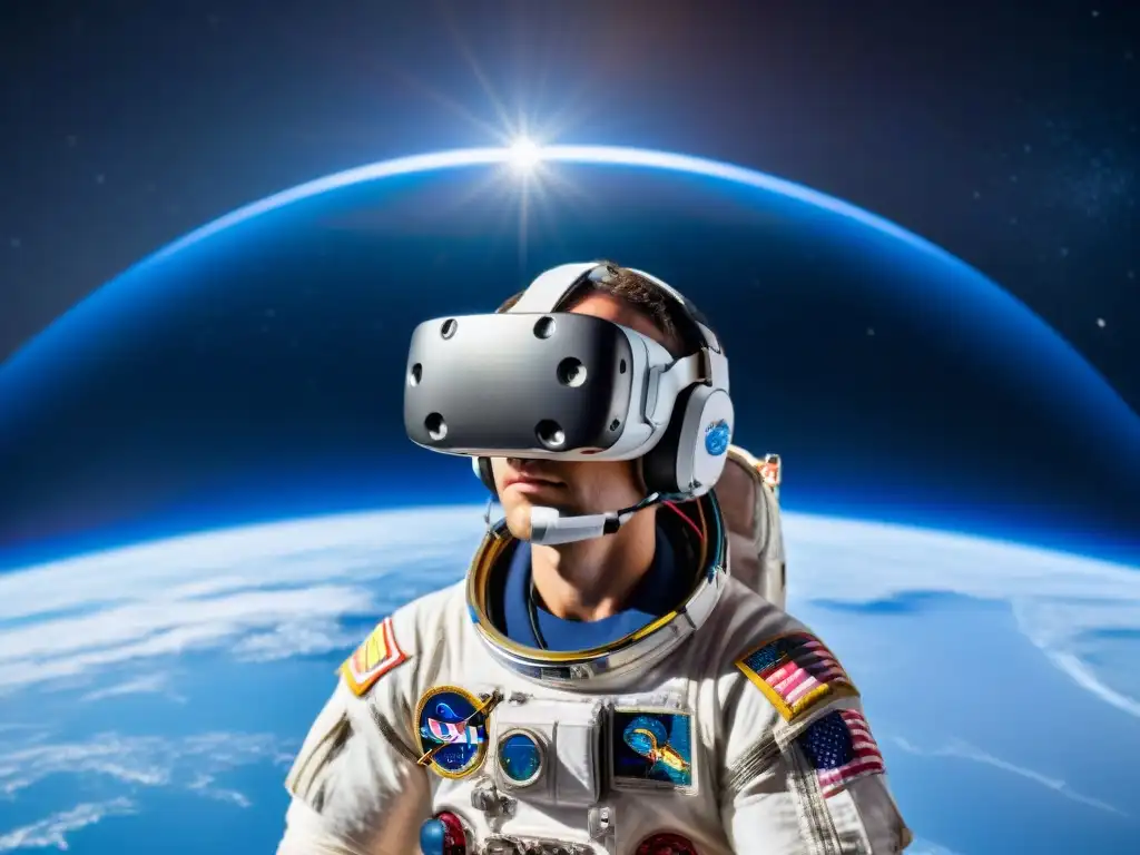 Exploración en la realidad virtual del astronauta flotando en el espacio, frente a la Tierra y el cosmos, con expresión de asombro y enfoque