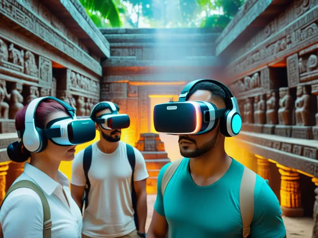 Exploración virtual en juegos culturales: Personas fascinadas en templo maya virtual