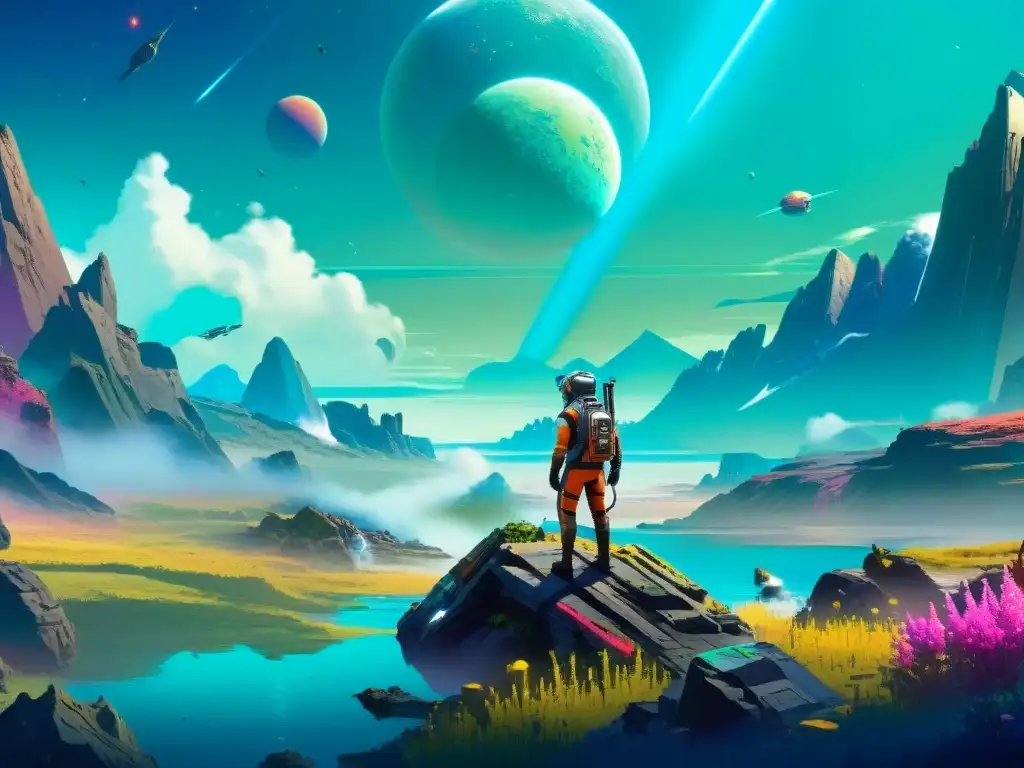 Explorador maravillado en un paisaje alienígena de No Man's Sky, invita a principiantes a descubrir