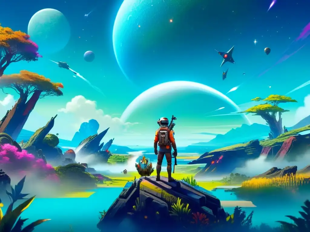 Explorador maravillado en No Man's Sky, rodeado de flora exótica y criaturas únicas