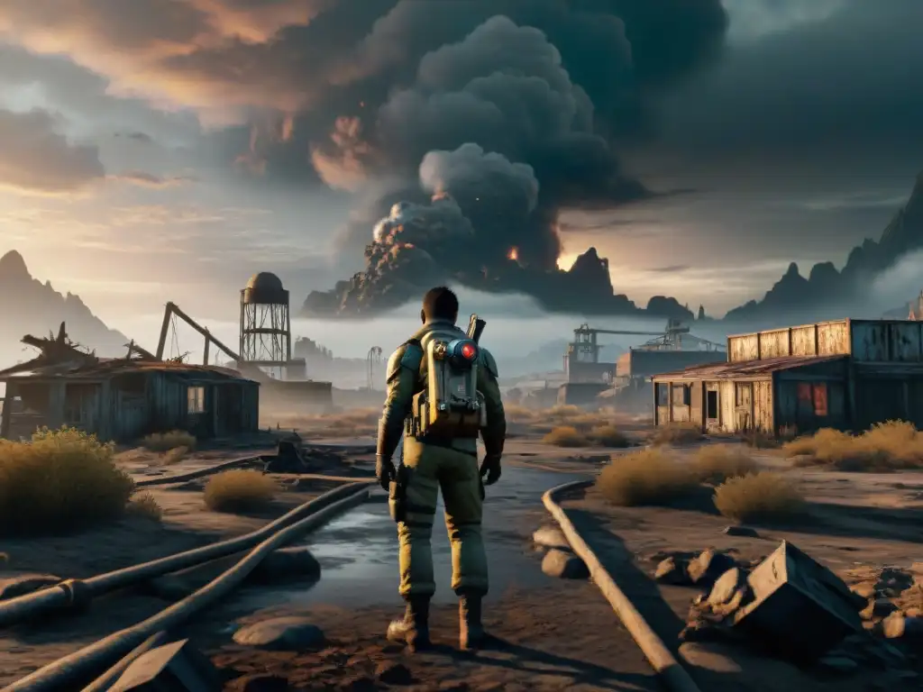 Explorador en jumpsuit VaultTec en páramo desolado de Fallout 4