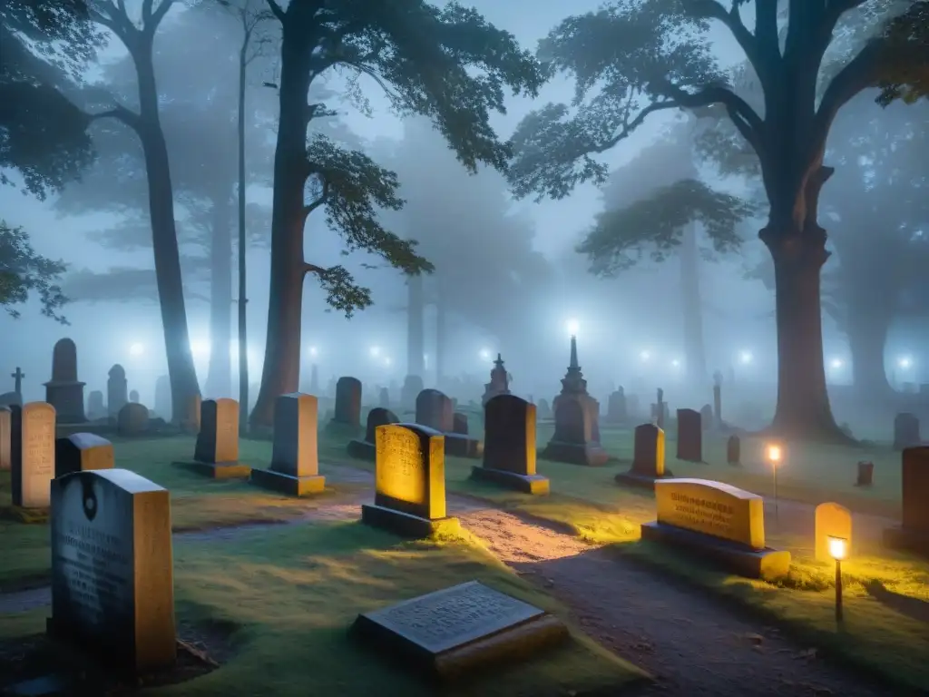 Exploradores en cementerio iluminado por la luna, con brújulas y linternas