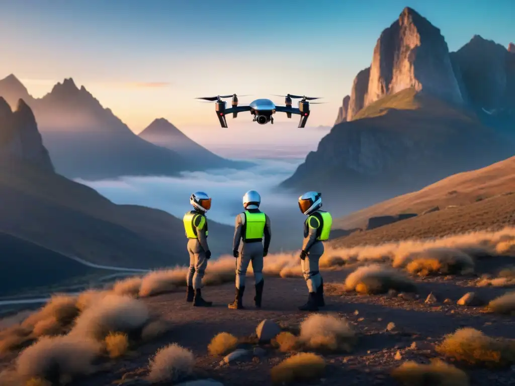 Exploradores de nuevos deportes aéreos con drones, listos para despegar al amanecer en un paisaje montañoso futurista