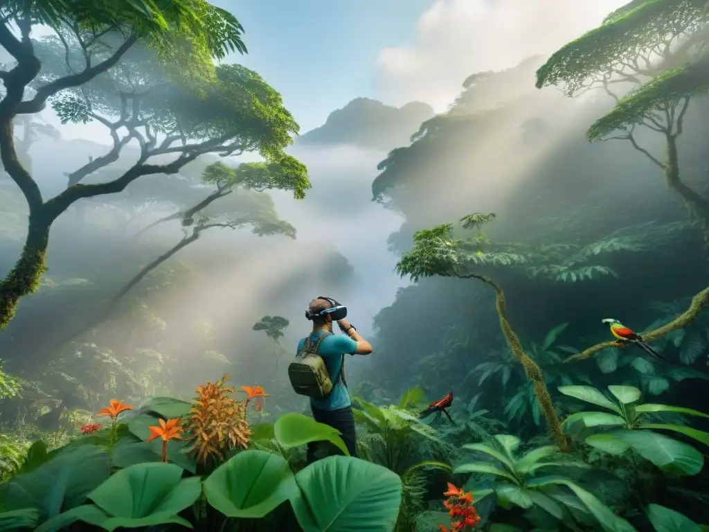 Exploradores en realidad virtual conservando la naturaleza y vida silvestre en la selva exuberante