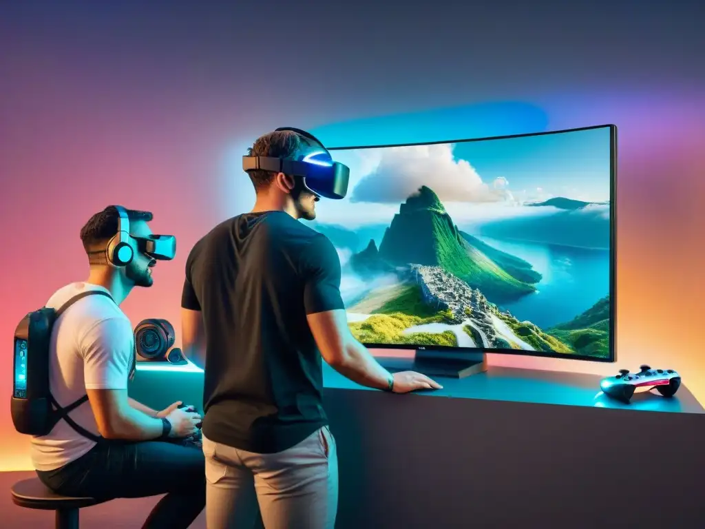 En una exposición de tecnología de vanguardia, jugadores interactúan con un prototipo de consola de juego futurista