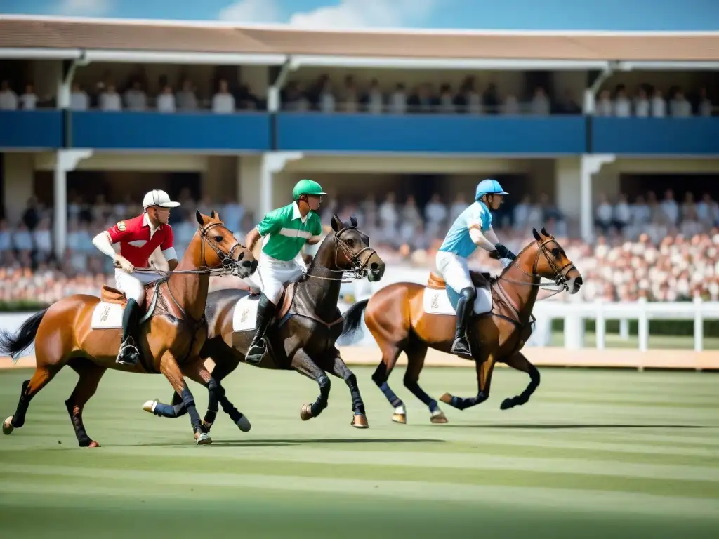 Exquisito partido de polo en Europa: jugadores elegantes en caballos, campo verde y cielo azul