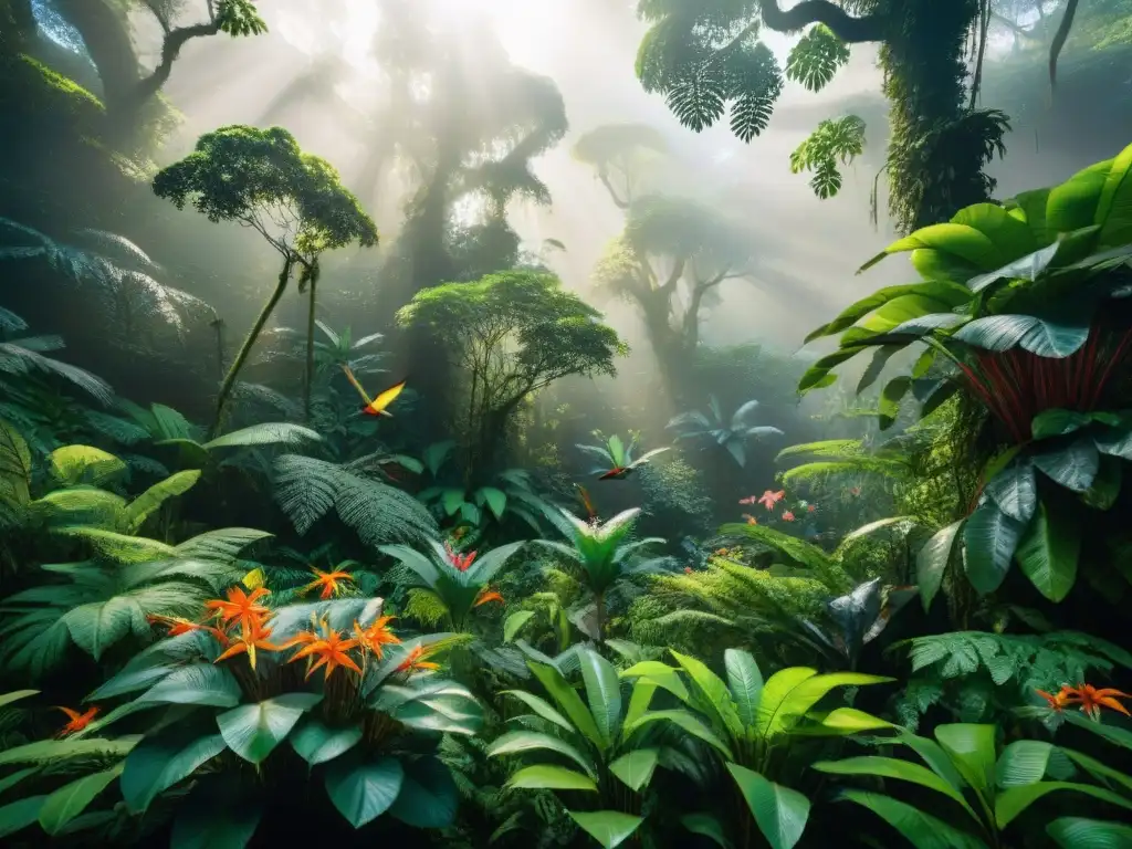 Un exuberante bosque tropical rebosante de vida, con aves coloridas entre árboles altos y flores vibrantes