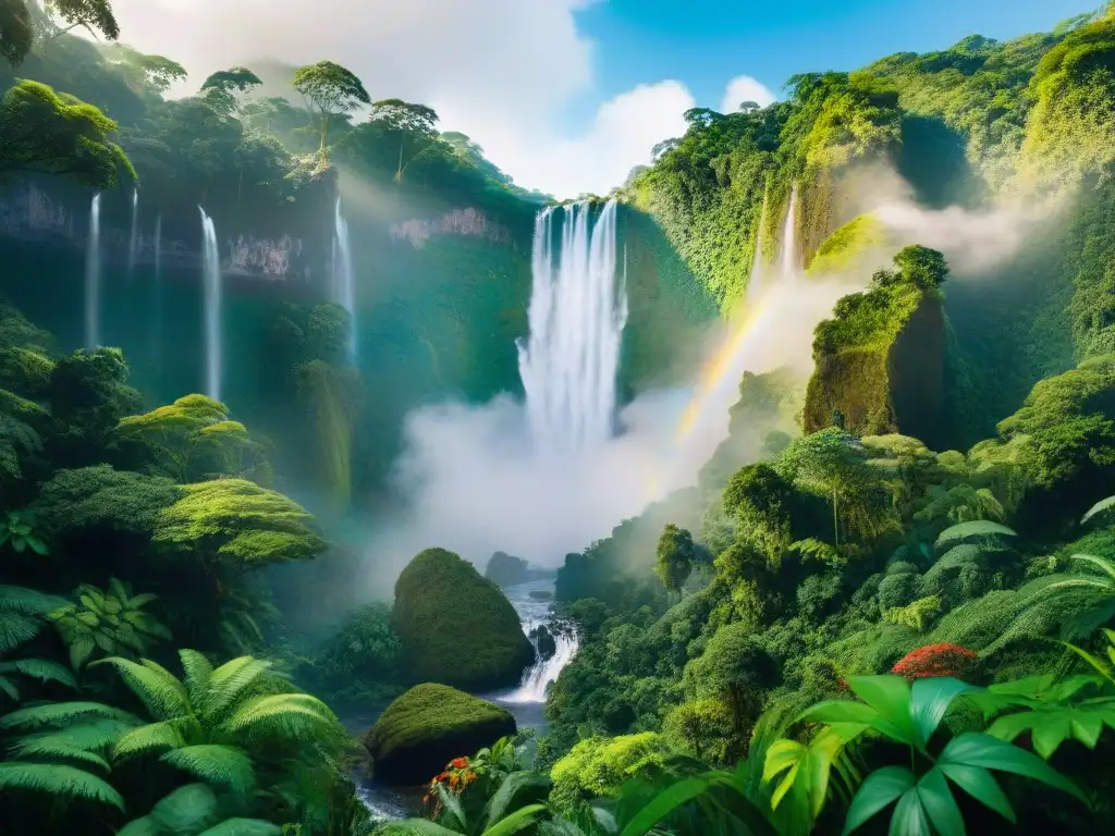 Un exuberante bosque tropical con vida silvestre diversa y una cascada majestuosa