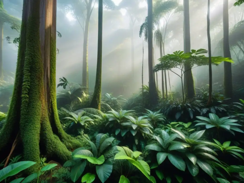 Un exuberante paisaje de selva tropical detallado, con vegetación frondosa, árboles imponentes y animales escondidos