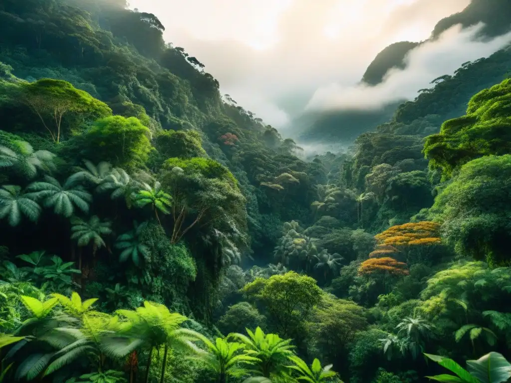 Un exuberante paisaje selvático con vegetación verde vibrante, árboles gigantes y rayos de sol dorado filtrándose a través del dosel