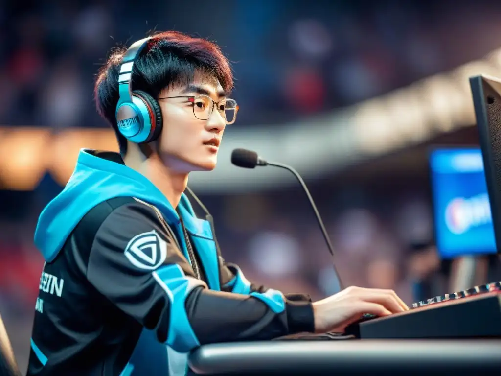 Faker concentrado en el Campeonato Mundial de League of Legends, manos ágiles en el teclado y mouse, rodeado de fans emocionados