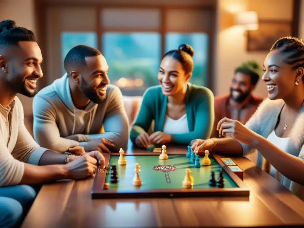 Familia y amigos disfrutan de un juego de mesa juntos, mostrando los beneficios de los juegos de mesa familiares