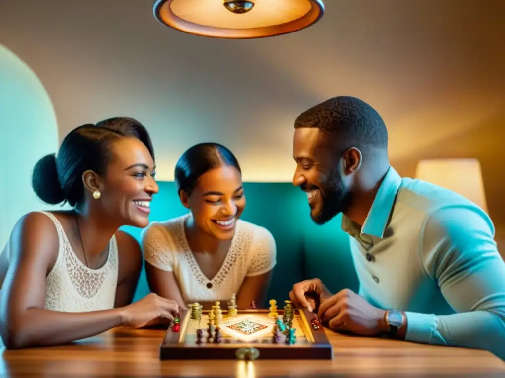 Una familia diversa disfruta de un juego de mesa juntos alrededor de una mesa de madera, demostrando los beneficios de los juegos de mesa familiares